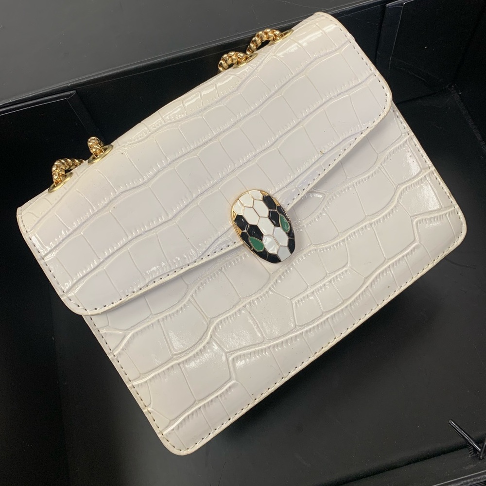 Serpenti Snake Buckle Detail Shoulder Bag in White Croc Faux Leather